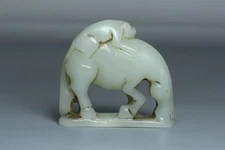 Chinese Antique Old Hetian Jade Hand-Carved Horse Monkey  Statues