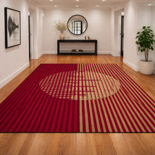 Hand Tufted Red Wool Area Rug Modern Geometric Striped Circle Design Room Carpet