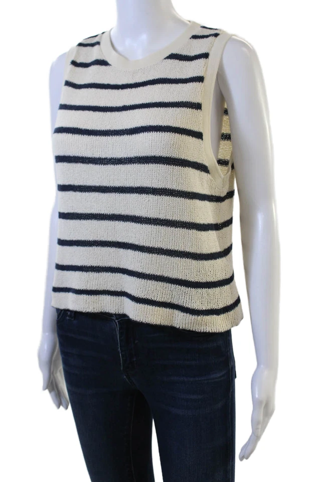 Camiseta sin mangas Massimo Dutti para mujer básica blanca a rayas de lino-Lyocell cuello redondo talla M Foto 2 de 4