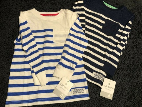 Carter's Jungen blau/marine/weiß gestreift einzelne Fronttasche Jungen Tops Gr. 4 Neu mit Etikett - Bild 1 von 2