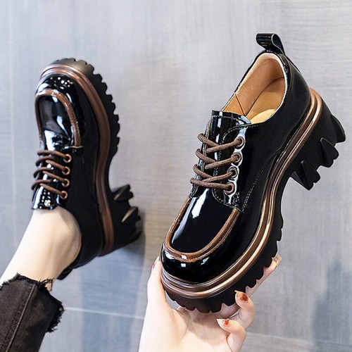 Chunky Platform Pumps Lace Up Thick Heels Loafers Round Toe Patent Leather Shoes