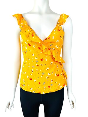 Madewell Wrap Tank Top Women's 2 Painted Carnations Yellow 100% Silk Ruffle Tie