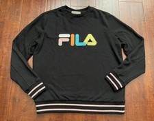 Women Fila Sweatshirt Long Sleeve Pullover Shirt Top Black Crew Neck Large L