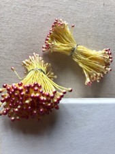 Vintage Millinery Flower Yellow Red Pearl Stamen 2 bunch Lot Unused Stock HaA