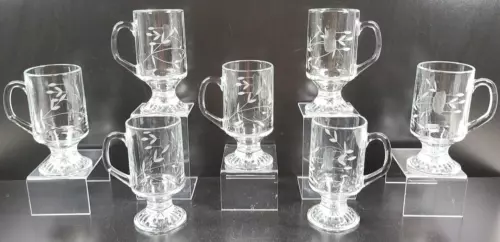 7 Princess House Heritage Irish Mugs Set Clear Floral Etch Cut Footed Coffee Cup