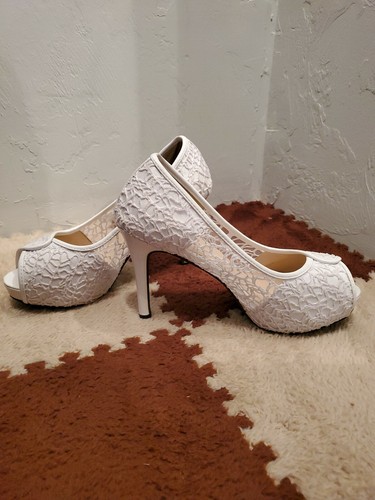 Allegra K Women's 9 White Lace Open Toe Platform Stiletto Heels - Picture 3 of 11