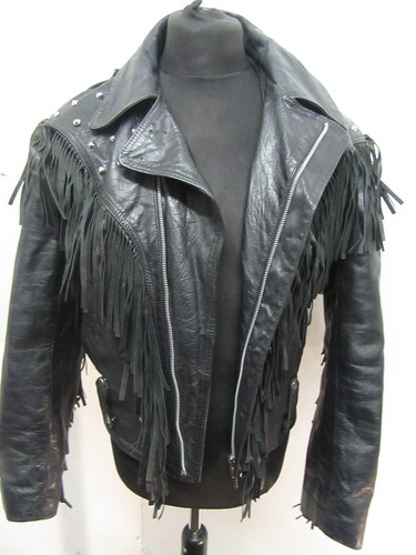 VINTAGE 80'S LA ROCKA LEATHER FRINGED MOTORCYCLE JACKET SIZE UKM, TASSELS, STUDS - Picture 15 of 17