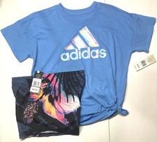 Girls 2 pc Set Shirt Short Adidas Athletic Youth Sports Training Active Wear L