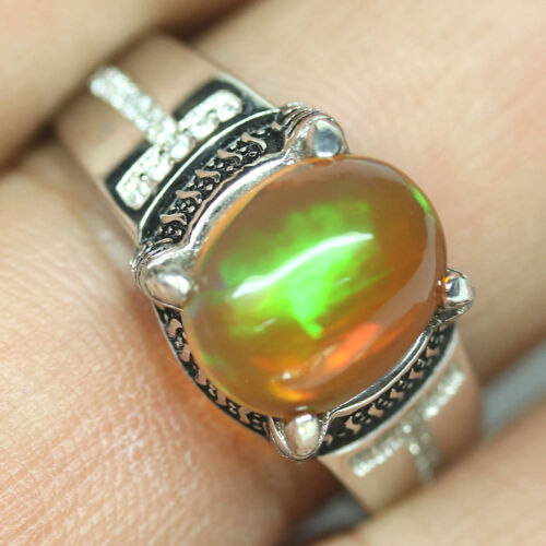 Edelstein 9 x 12 Mm. Mehrfarbige Opal & Zirkonia Schmuck Ring 925 Silber Größe - Bild 2 von 4