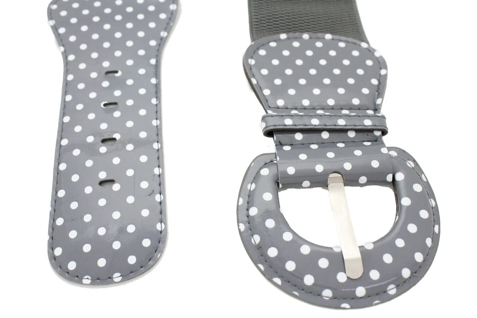 Women Adjustable Waist Gray White Polka Dots Buckle Classy Plus Size M L XL - Image 2 of 4