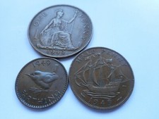 1949 Penny, Half Penny & Farthing Coins - First Year of Issue with "IND IMP" omi