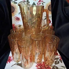 Vintage Jeanette Glass-Hex Optic gold iridescent Pitcher and Tumbler set