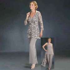 Elegant LongSleeve Lace Mother of the Bride Pant Suit with Jacket V Neck Chiffon