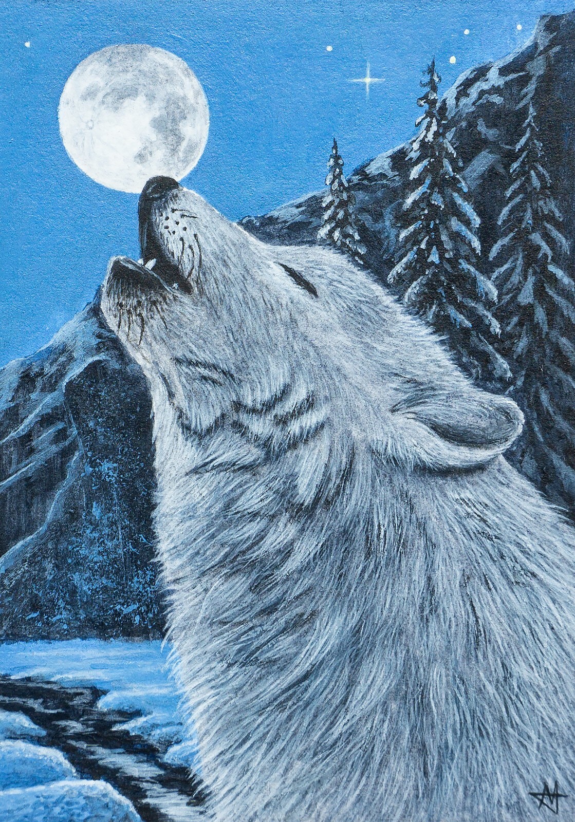 Original ACEO One-of-a-Kind Arctic Wolf Howling Hand Painted by MARIAN