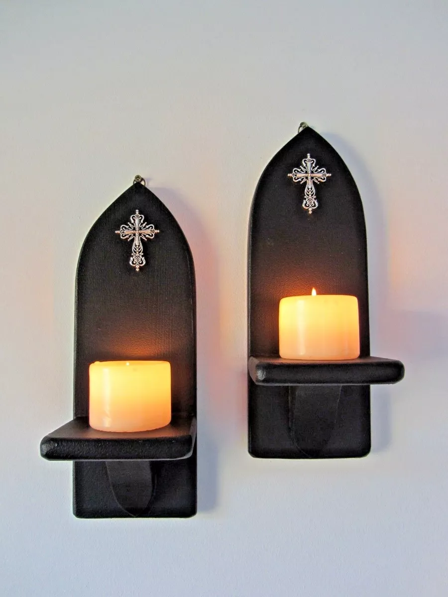 PAIR OF GOTHIC CHURCH WALL SCONCES BLACK LED CANDLE HOLDERS CROSS CRUCIFIX