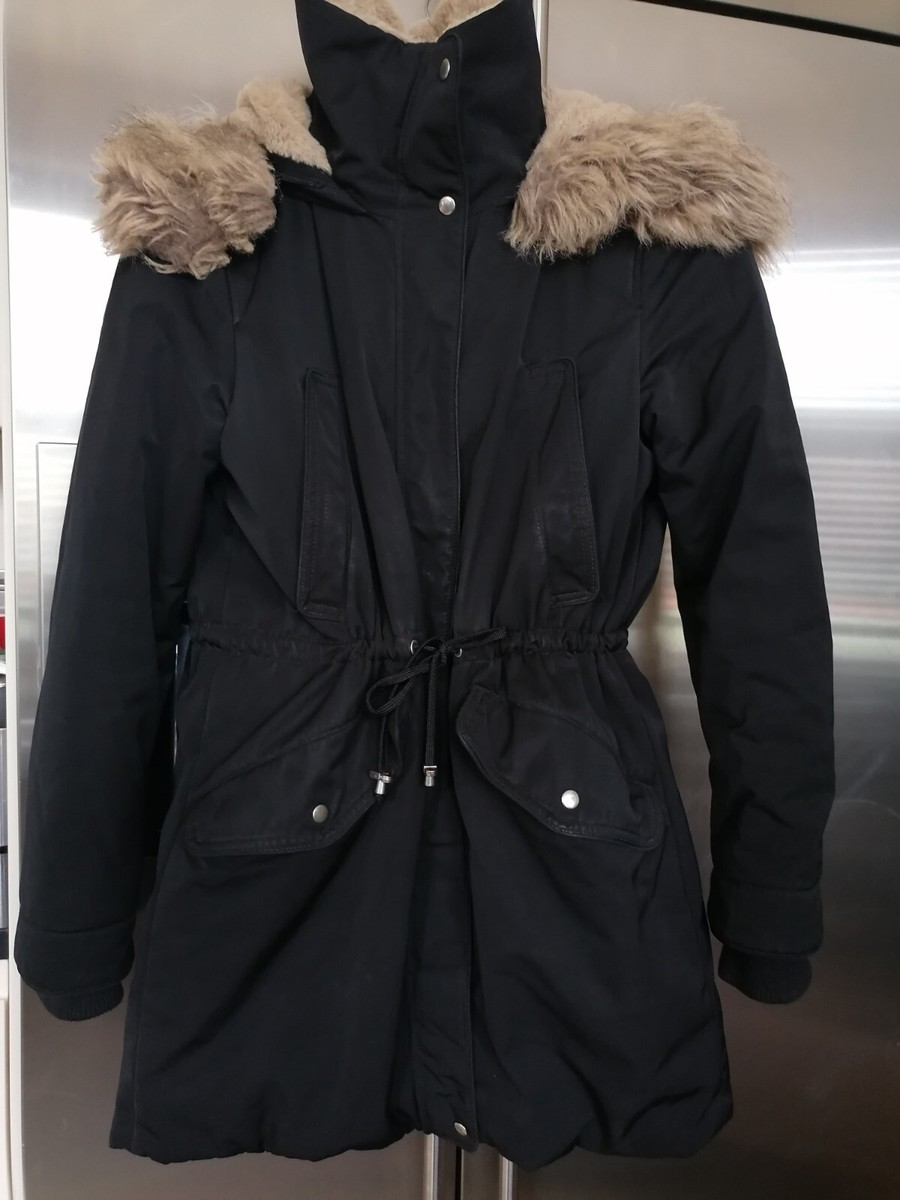 Zara Black Hooded Faux Fur Lined Parka Size XS Good