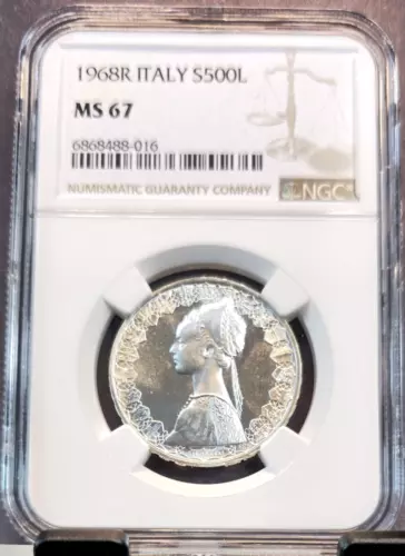 1968 ITALY SILVER 500 LIRE S500L COLUMBUS SHIPS NGC MS 67 BEAUTIFUL RARE TOP POP