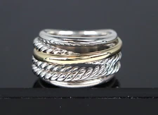 $775 David Yurman 14K Yellow Gold Sterling Silver Cable Crossover Ring Band Sz 6