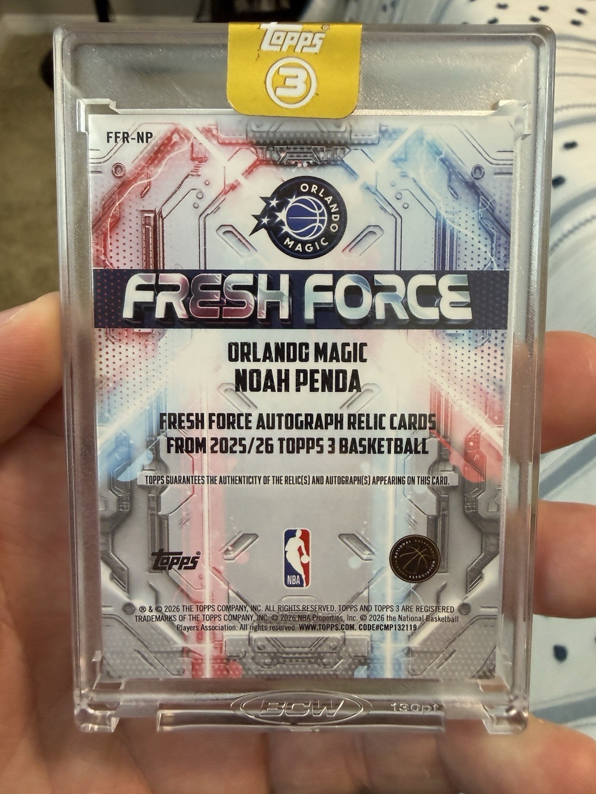 2025-26 Topps 3 Noah Penda Fresh Force RPA Auto Patch /15 Magic Rookie view 2