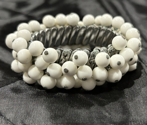 White & Black Round Beaded Stretch Bracelet, White Round Main Stone