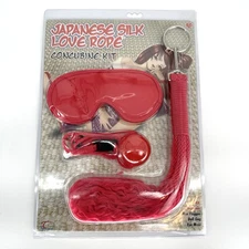 Japanese Silk Love Rope Concubine Kit Ball Gag, Eye Mask & Flogger Whip Play Kit