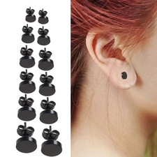 6/12 Pairs Black Round Stud Stainless Steel Ear Studs Earrings Men Women Fashion