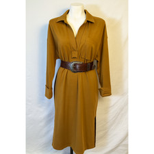 Wedding Guest Dress Mustard Brown Midi Collared Long Sleeve Medium