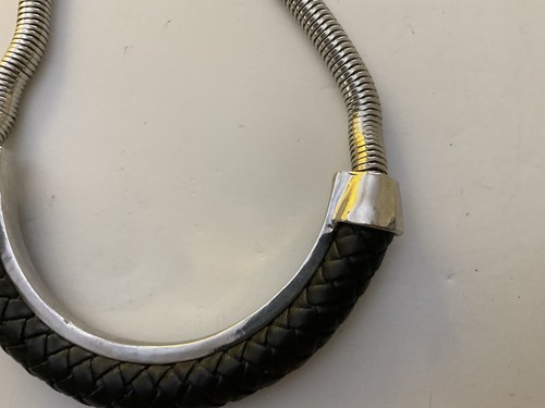 Serpentine Choker Silver Tone Braided Leather Pendant 17” Necklace - Picture 4 of 12