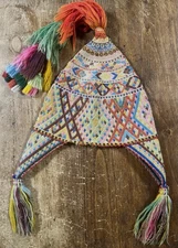 Vintage CHULLO Shaman Peruvian Andean Hat Handwoven Multi-Color Geometric