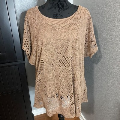 Maria Gabrielle Crochet Knit Top With Inner Tank L Grannycore Boho Indie Brown