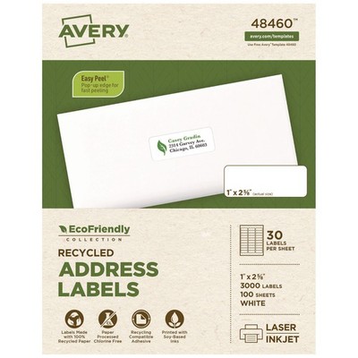 Avery? EcoFriendly Laser/Inkjet Easy Peel Mailing Labels, 1 x 2 5/8, White, 3000