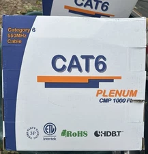 Bulk 1000ft Cat6 Plenum Cable CMP 550 Mhz 23AWG UTP Ethernet White Telecom