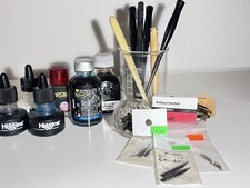 LOT: Bundle of Calligraphy Supplies, Pen holders, Nibs, Inks, Instruction Book