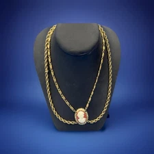 Victorian Revival Cameo Necklace Lucite Gold Tone