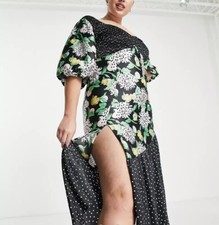 ASOS Curve mixed print shirred midi tea dress with bubble sleeve Size 14 Large