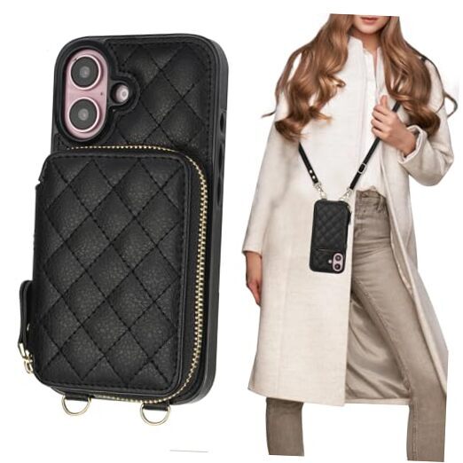 Crossbody Wallet Case for iPhone 16, RFID Blocking PU Leather Zipper Black