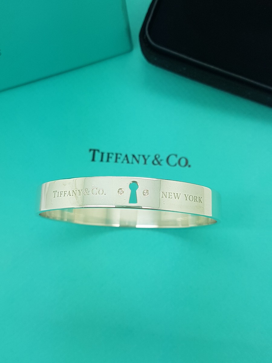 Tiffany & Co. Wide 2 Diamond Keyhole Lock Silver Bangle