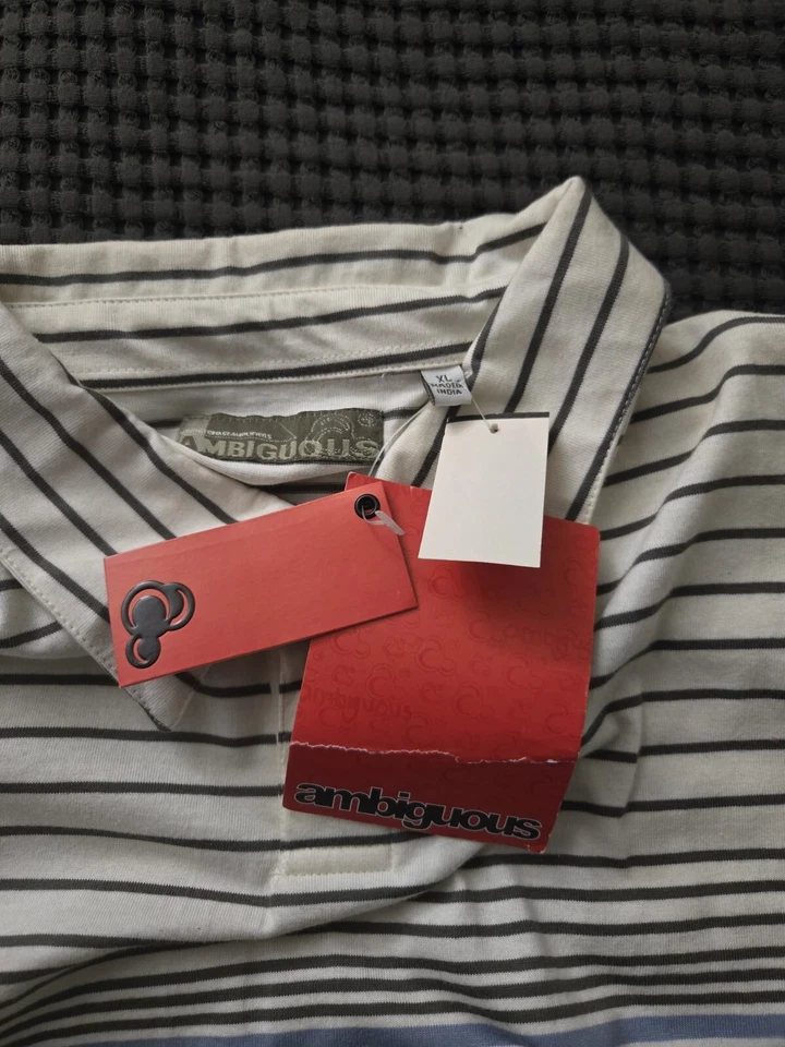 NUEVO CON ETIQUETAS Y2K Polo Paolo Ambiguo Rayas Crema Con Rayas Oliva Y Azul. Talla XL Foto 2 de 4