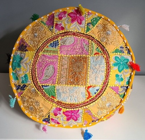 Boho Round Ottoman Foot Stool Cover Cotton Patchwork Embroidered Pouffe Cover - Picture 8 of 29