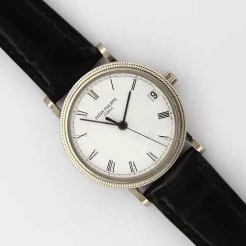 Patek Philippe Calatrava 18K White Gold Automatic Date Black Leather Band 3802G