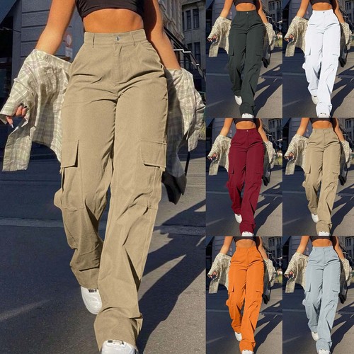 Womens Daily Casual Solid Color 4 Pockets Elastic Waist Pants Long Trousers