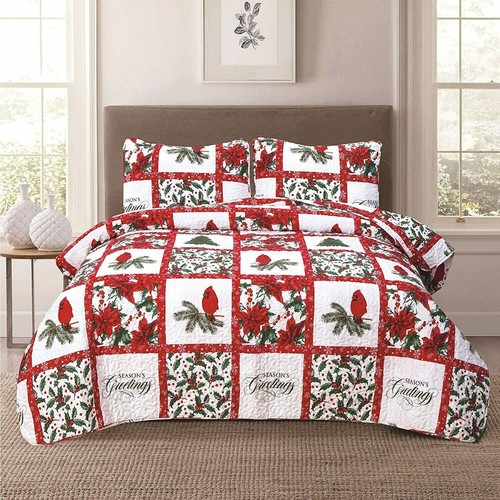 ๐ โ Christmas Cardinal Red Patchwork Queen King 3 pcs Quilt Coverlet Set ๐