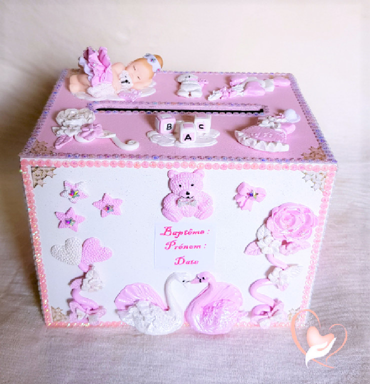 Urne baptême fille en Fimo ballerine rose et blanc brillant unique