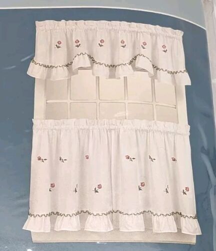Kitchen Curtain Set Rose Patch Home Essentials Valance & Pair of Tiers New Open