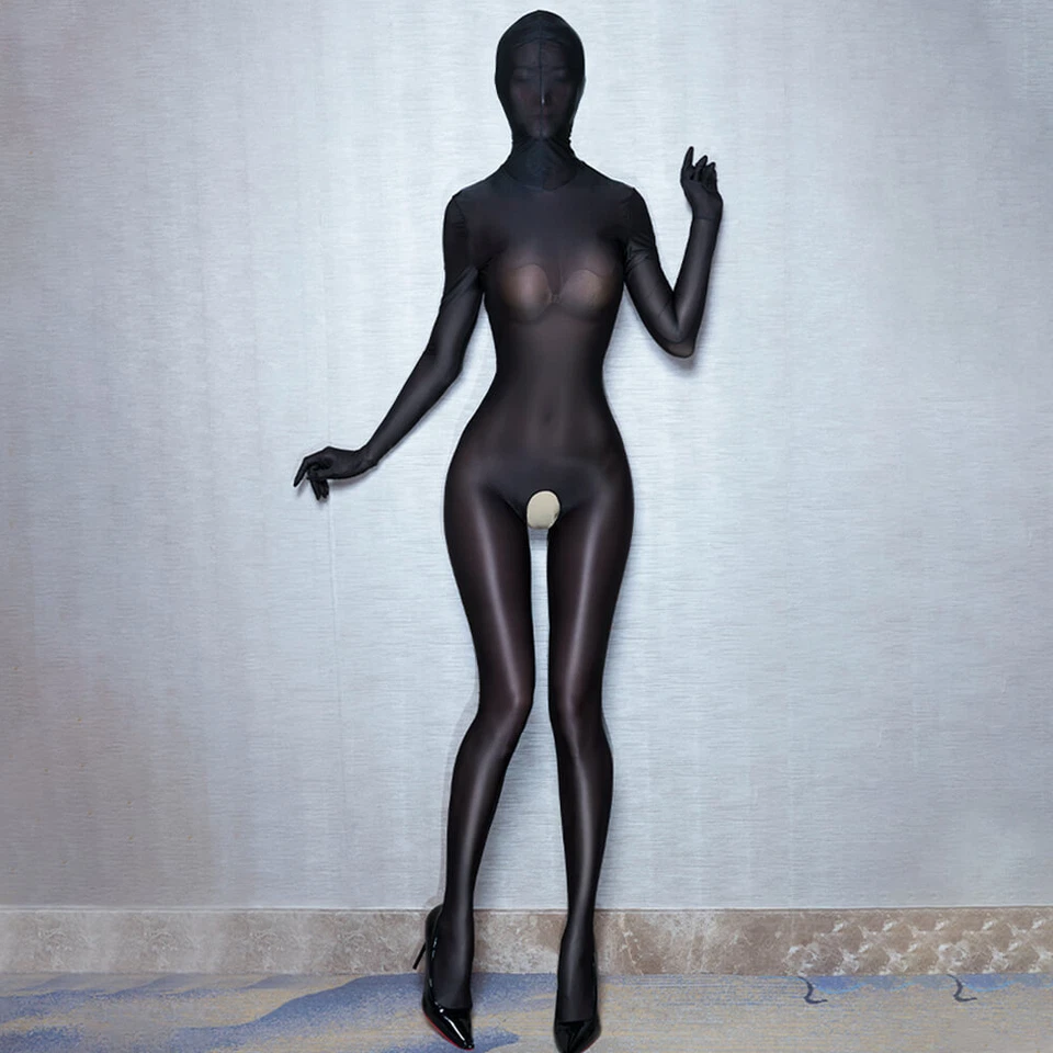 Macacão Zentai Feminino Transparente Brilhante Zíper Brilhante Máscara Bodystocking Capuz Body - Imagem 2 de 4