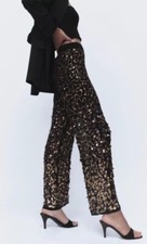 ZARA BLACK SEQUIN TROUSERS LIMITED EDITION HIGH WAIST FLARED SIZE M