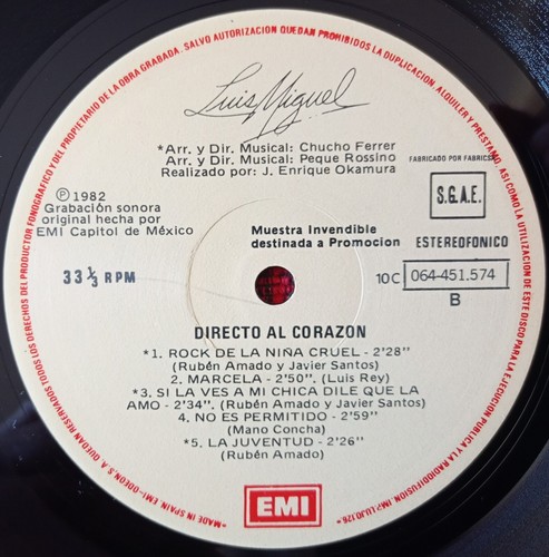 LUIS MIGUEL ** Directo Al Corazon ** 1982 SPAIN PROMO LP - Picture 4 of 4
