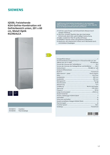 Siemens KG39EALCA  Kühl-Gefrierkombination  Inhalt Kühlbereich 249 Liter  Höhe 2 - Bild 13 von 15