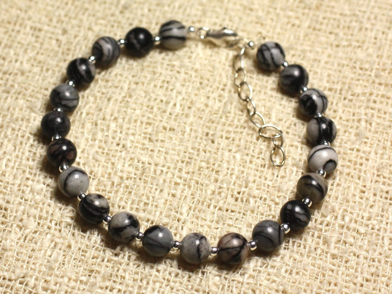 Bracelet argent 925 et pierre jaspe zèbre 6mm hypoallergénique contre le stress