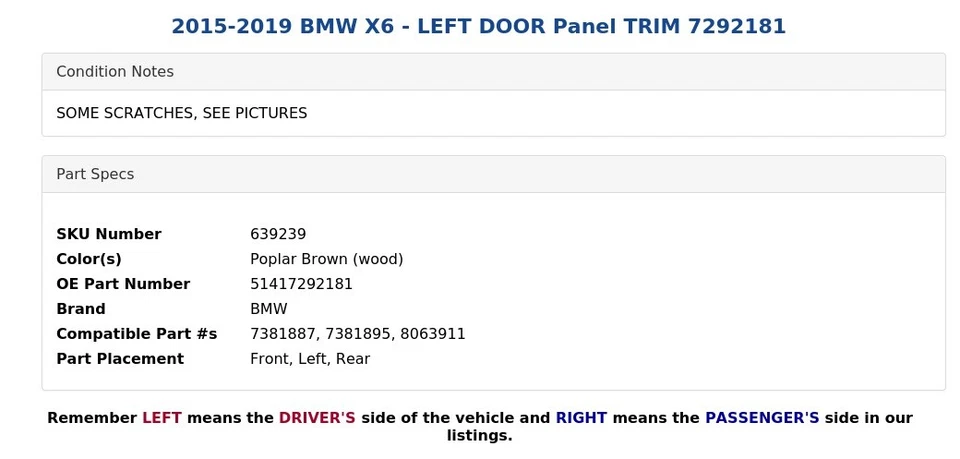 BMW X6 2015-2019 - Panel puerta izquierda embellecedor 7292181 Foto 3 de 4